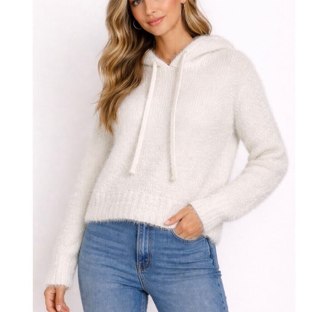 Lauren Conrad LC eyelash fuzzy sweater hooded white comfort top SZ S